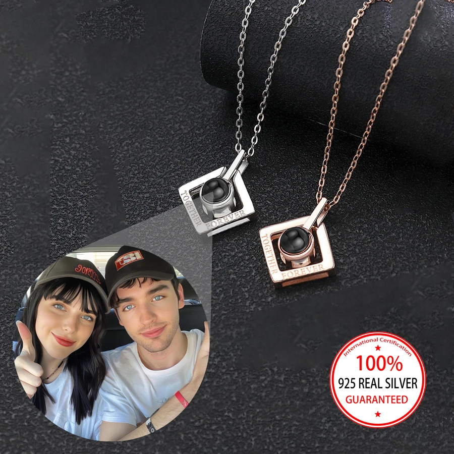 

925 Sterling Silver Custom Color Photo Projection Square Geometric Pendant Necklace Exquisite Valentine's Day Christmas Gift New