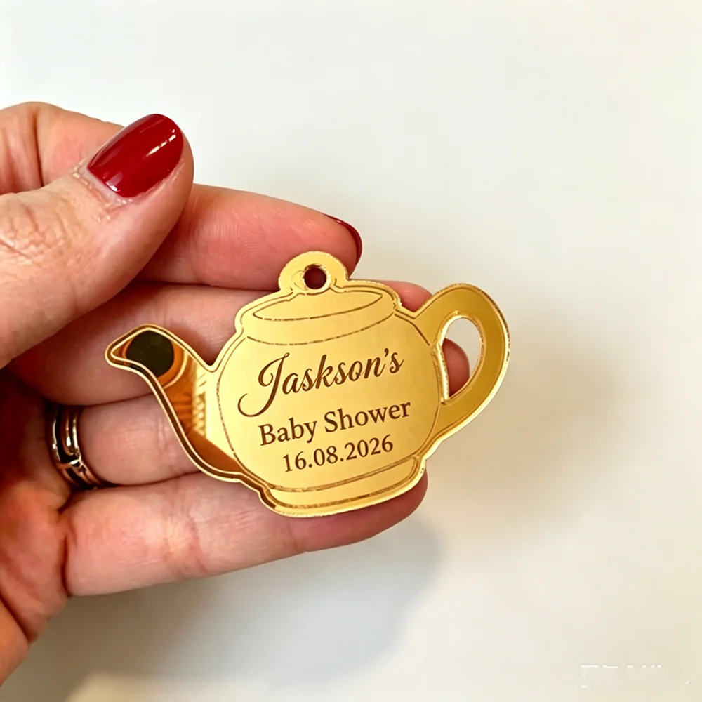Personalized Acrylic Engraved Tea-Pot Tags,Custom Bride Tags,Party Charms, Bridal Shower Tag,Wedding Favors Tags,Candy Box Decor