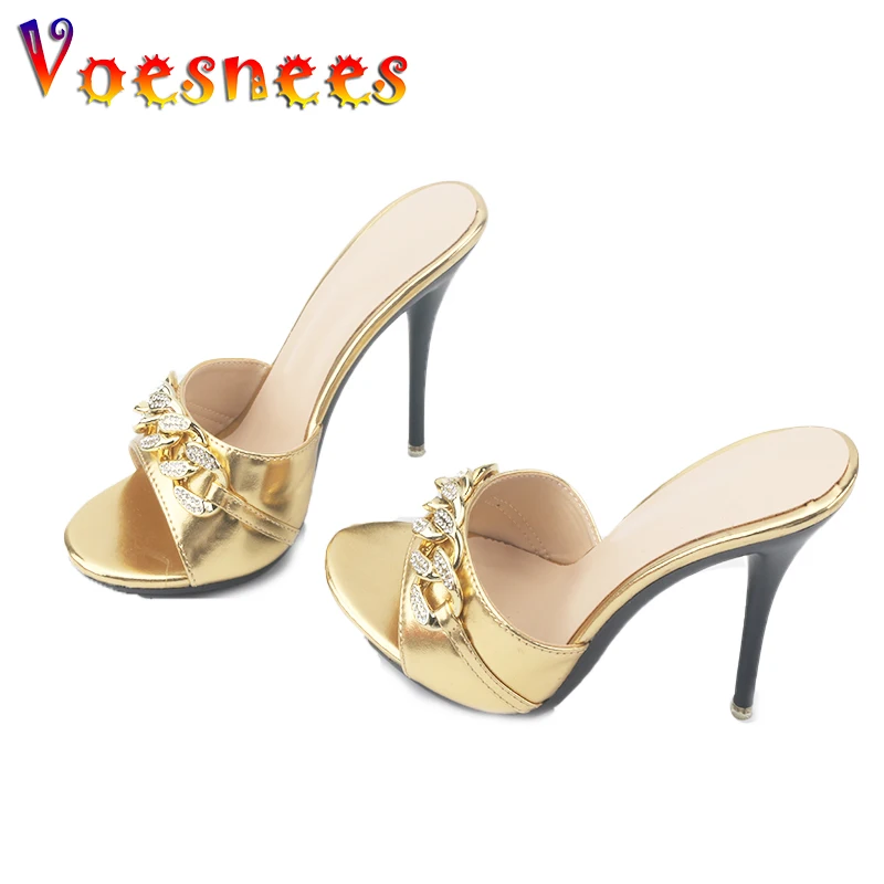 Female Summer High Heels Sexy Open Toes Slippers Luxury Rhinestone Party Dress Shoes Black Slides Sandals Women Mules Plus Size