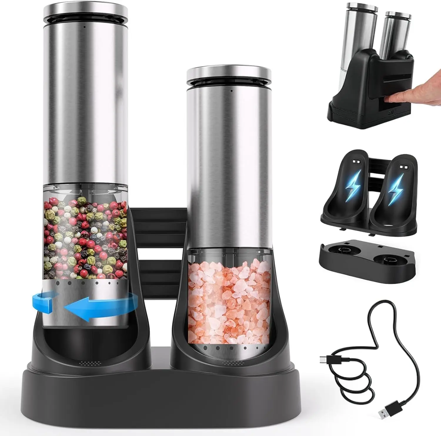 

Electric Salt and Pepper Grinder Set with Charging Base: Rechargeable Automatic Salt and Pepper Grinder Set with External