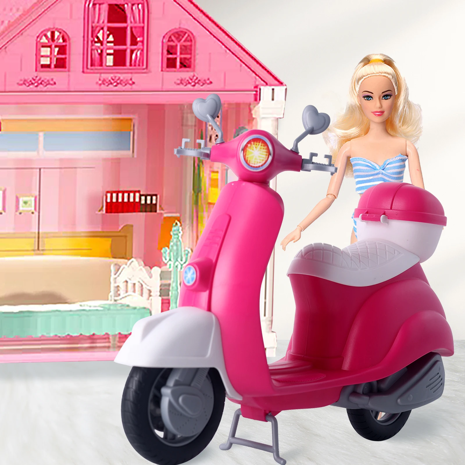 人形おもちゃの車ファッショニスタ明るいピンクのスクーター旅行プレイセットペットの子犬とテーマのアクセサリー付きリアルな詳細