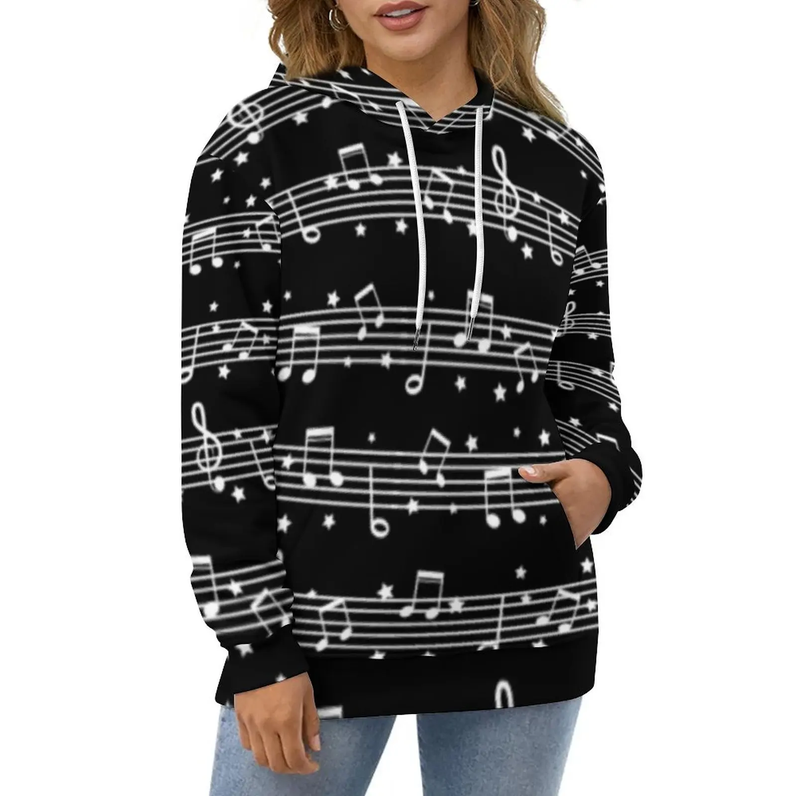 Music Notes White Hoodies Long Sleeve Monochrome Casual Pullover Hoodie Spring Hip Hop Oversized Design Loose Hooded Sweatshirts