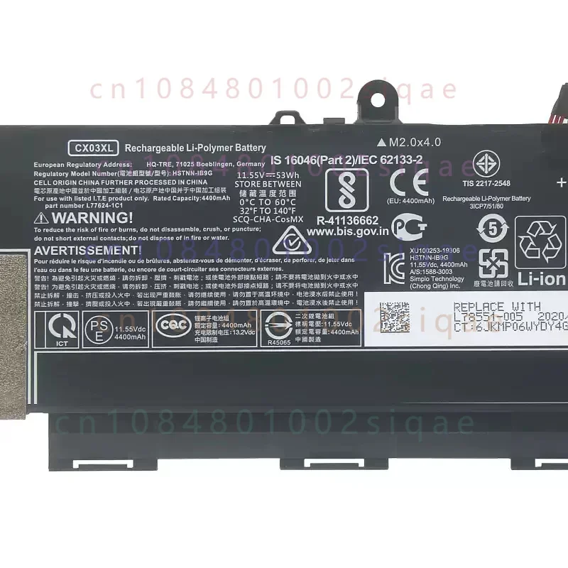 Laptop Battery CX03XL  11.55V 53Wh/4400mAh CX03053XL, HSTNN-LB8R, L77624-421,L78551-005 For Elitebook 830 G8 Series Notebook