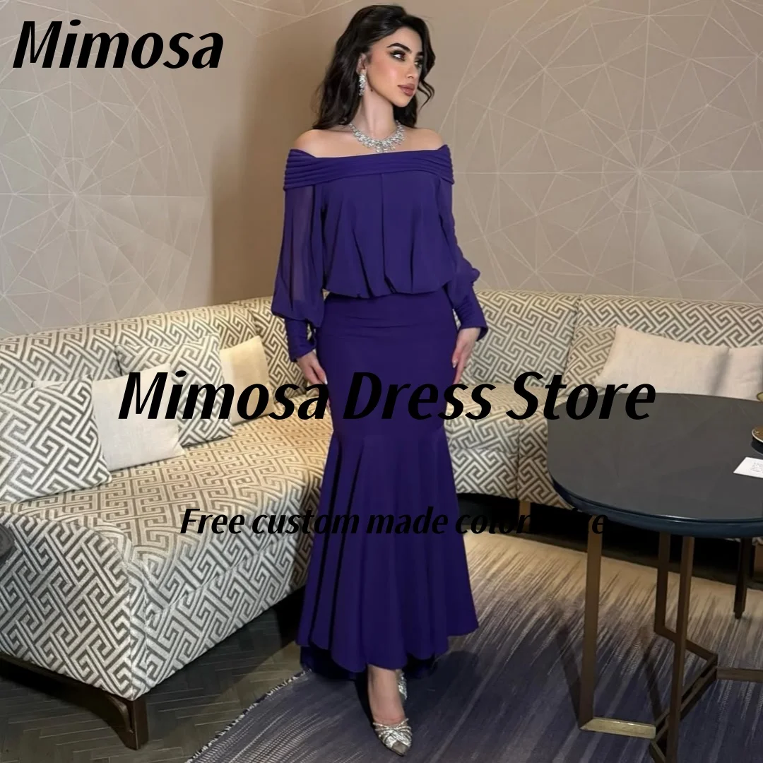 

Mimosa Elegant Purple Prom Dresses Boat Neck Long Sleeves Evening Gowns Saudi Women Wear Formal Party Dress Customized