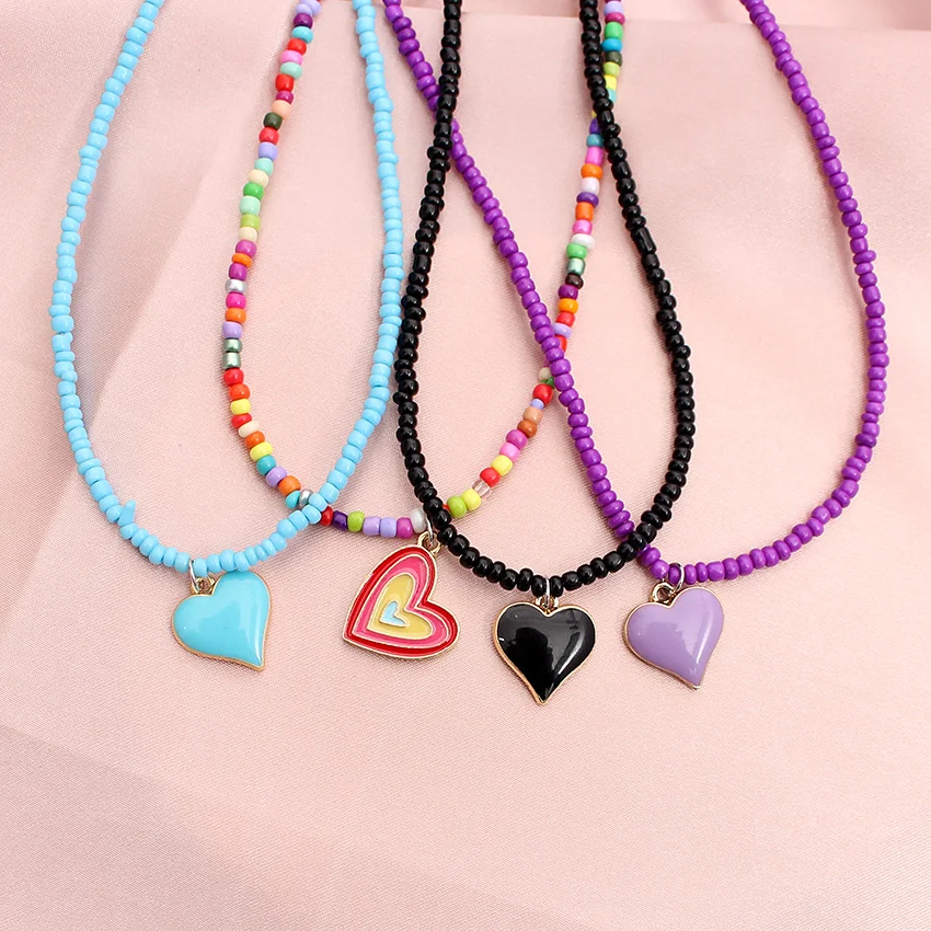 Heart Choker Korean Fashion Beads Pink Short Chain Neck Female Collar Handmade Necklace Jewelry Gift 2022