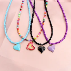 Heart Choker Korean Fashion Beads Pink Short Chain Neck Female Collar Handmade Necklace Jewelry Gift 2022