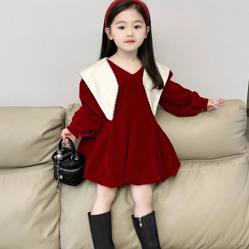 Childrens Clothing Girl Plush Velvet Dress 2023 Winter New Childrens Christmas Dress Baby Flower Bud Skirt