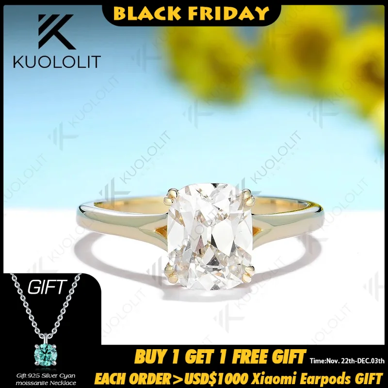 Kuololit 2.5CT OMC Enlonged Cushion Moissanite Rings for Women PT950 Solid 14K 10K Yellow Gold for Engagement Wedding Christmas