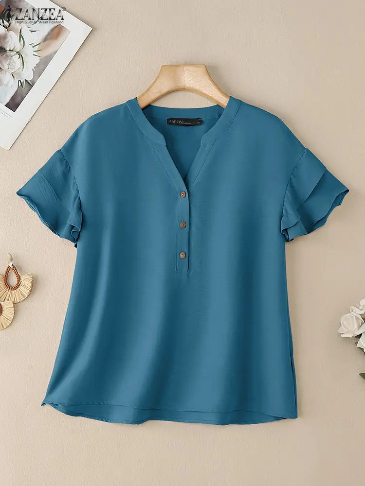 

Women's Casual Chic Layered Ruffle Sleeve Blouses Summer V-Neck Half-Button Solid Color Tops Daily Fashion ZANZEA Woman Clothes