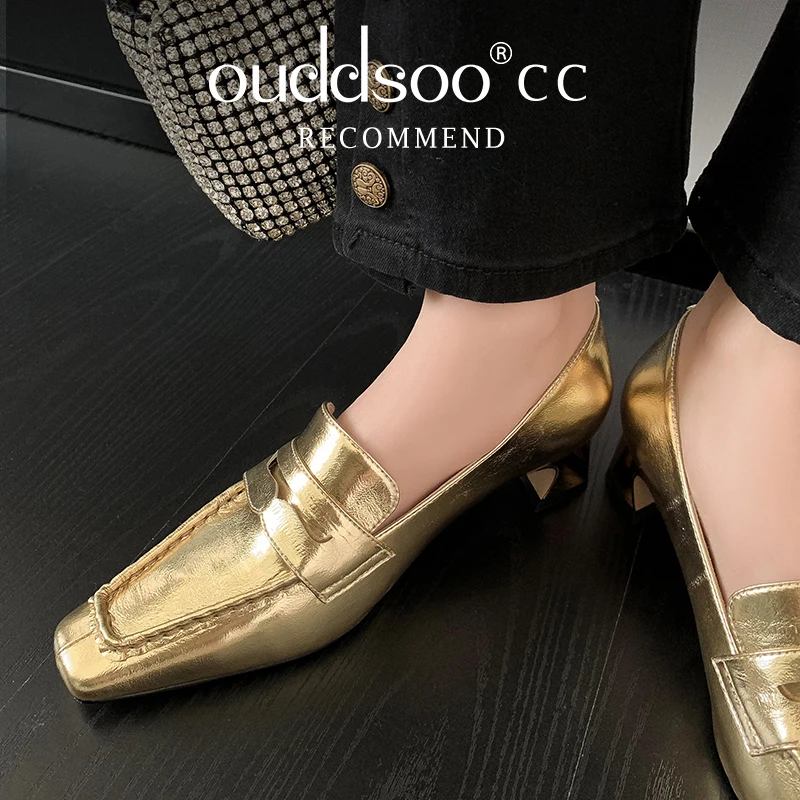 

ODS Loafers Women's Shoes Square Toe Genuine Leather Causal Slip-On Flats 2024 Spring New Lady Footwear Gold Silver Big Sizes 40