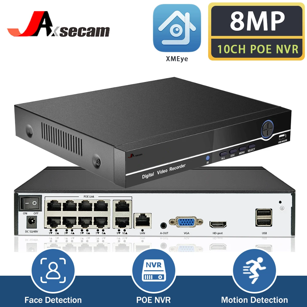 H.265 10CH ตรวจจับใบหน้าแบบ4K POE NVR ระบบเครื่องบันทึกวีดีโอเครือข่ายความปลอดภัยตรวจตราความปลอดภัย8MP 5MP 2MP ตัว P2P กล้อง IP PoE