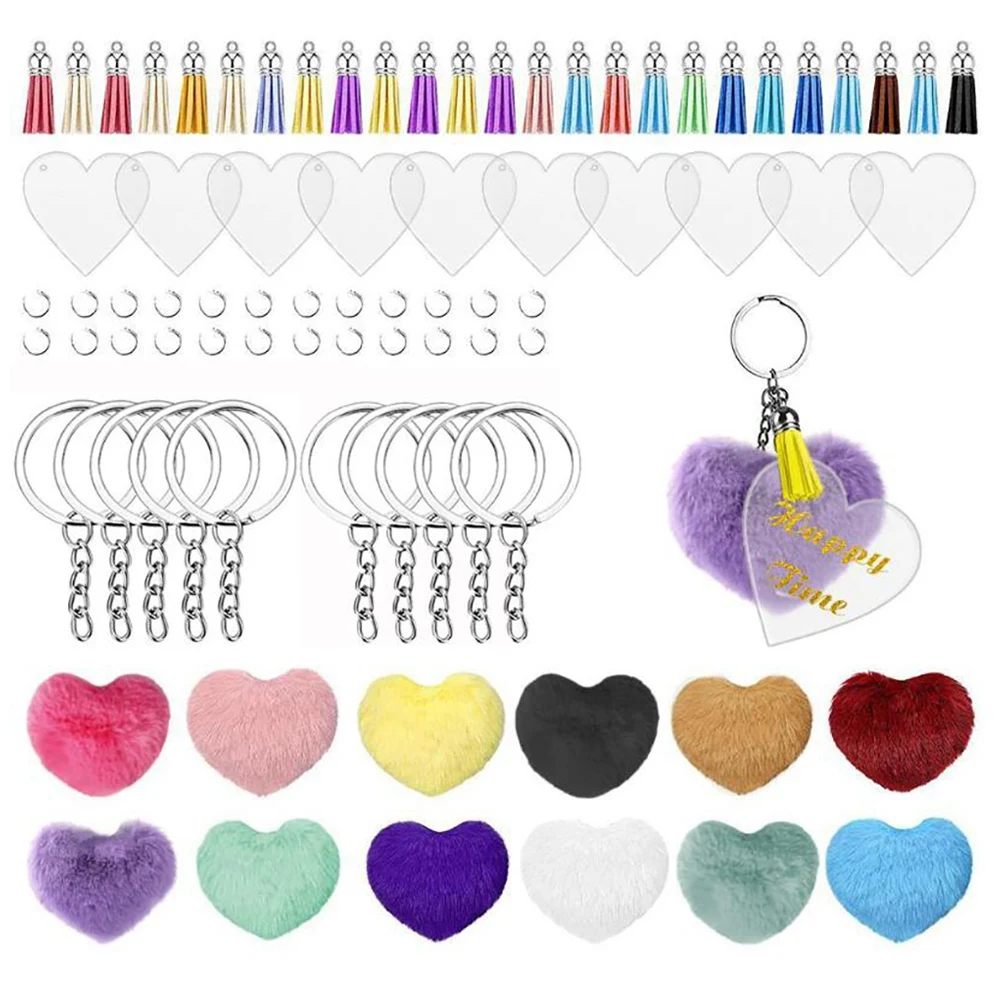 Acrylic Keychain Blanks, DIY Pom Poms Keychains Fluffy, 144Pcs Clear Keychains for Vinyl Kit with Keychain Tassels