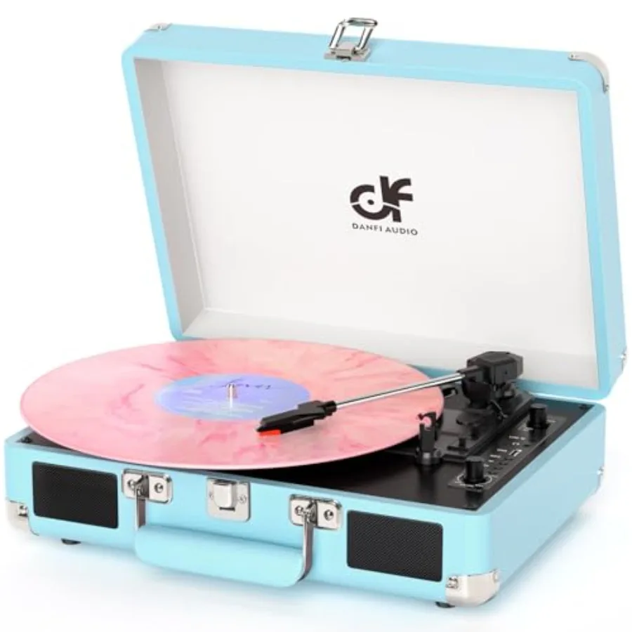 

Vintage 3-Speed Portable Bluetooth Suitcase Turntable with USB Recording MP3 Converter RCA/AUX/Headphone Jack Retro Blue Vinyl