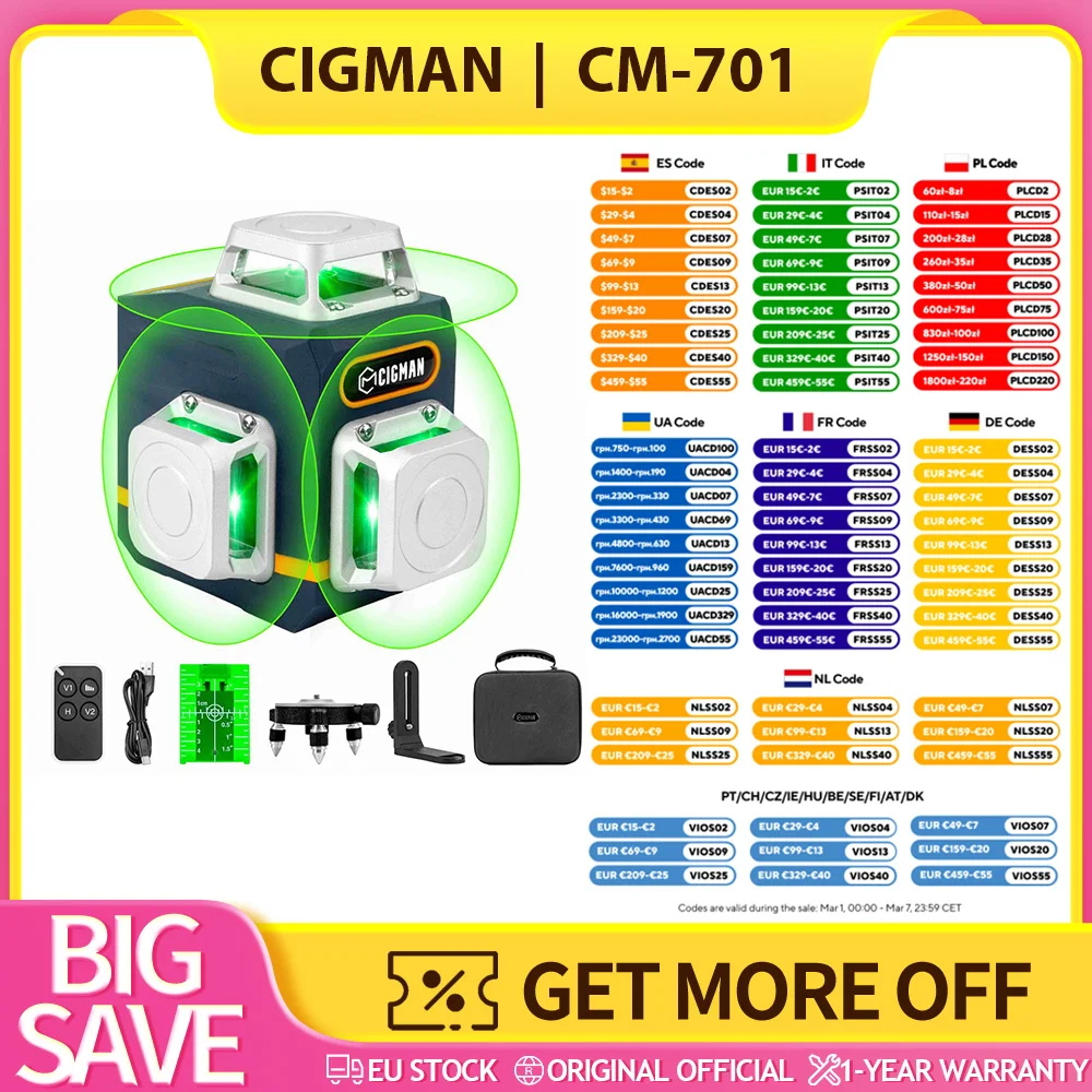CIGMAN CM-701 3x360 ° Livella Laser Autolivellante, Linea a Croce Verde 3D 30m, Batteria Ricaricabile, Telecomando, Alta Visibilità, Modalità Autolivellante e Manuale - Spina EU