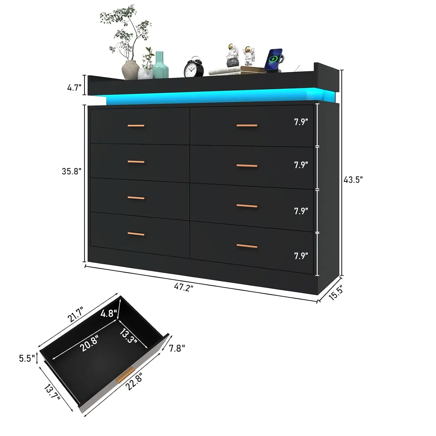 8 Drawer Dresser with LED Light and Charging Station, Modern Chest of Drawers for Closet, Wide Drawer Organizer Cabinet