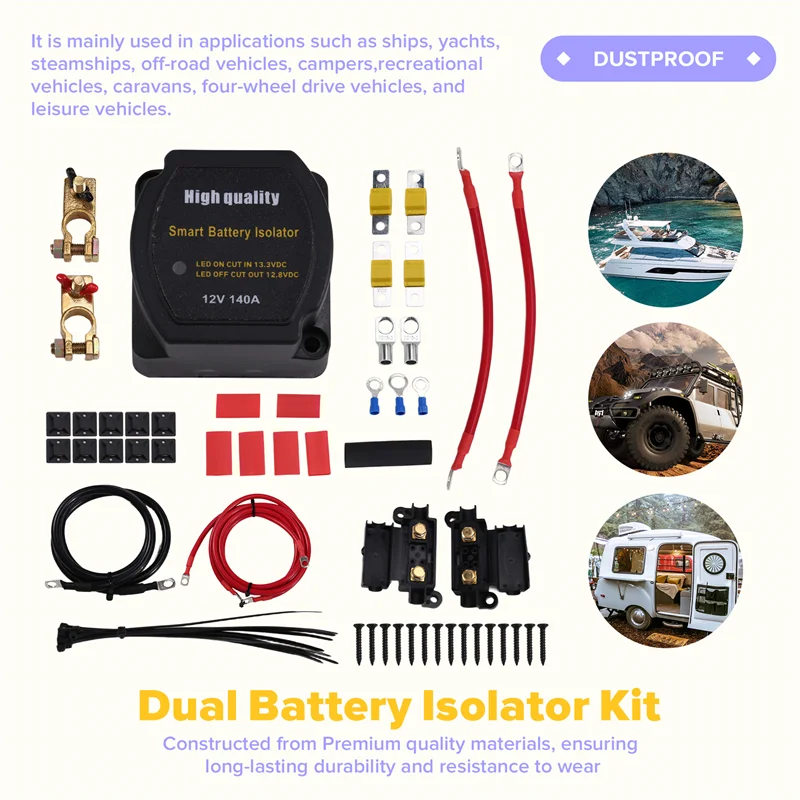 

140Amp Dual Battery Isolator 12V Isolator Kit Dual-Battery Isolator Kit Marine Wiring Cable Kit Double Battery Automatic Charger
