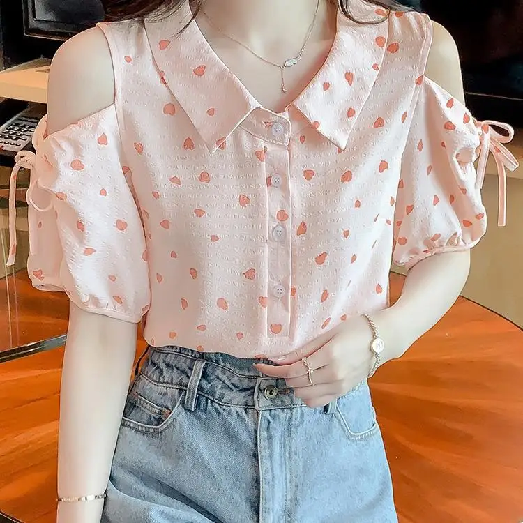 

Summer New Arrival Elegant Floral Chiffon Off-Shoulder Short Sleeve Top