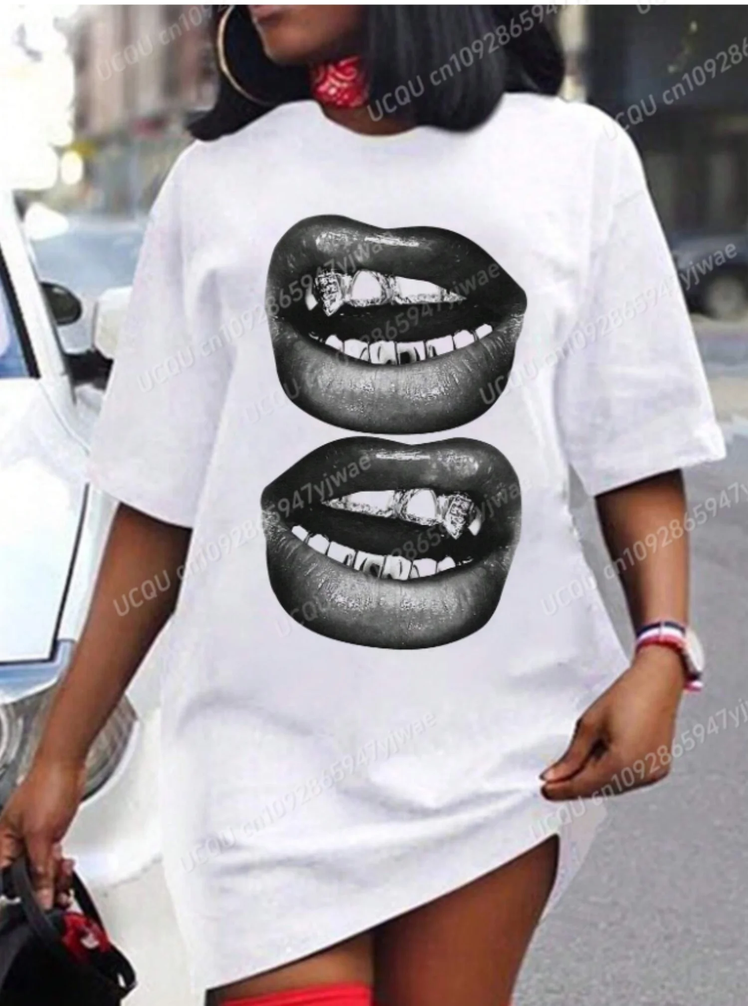 2025 Summer  Polyester Women T-Shirt Dress Loose Casual MOUTH Printed O-Neck Lady Short Sleeve Pullover Dresses Women Clothing