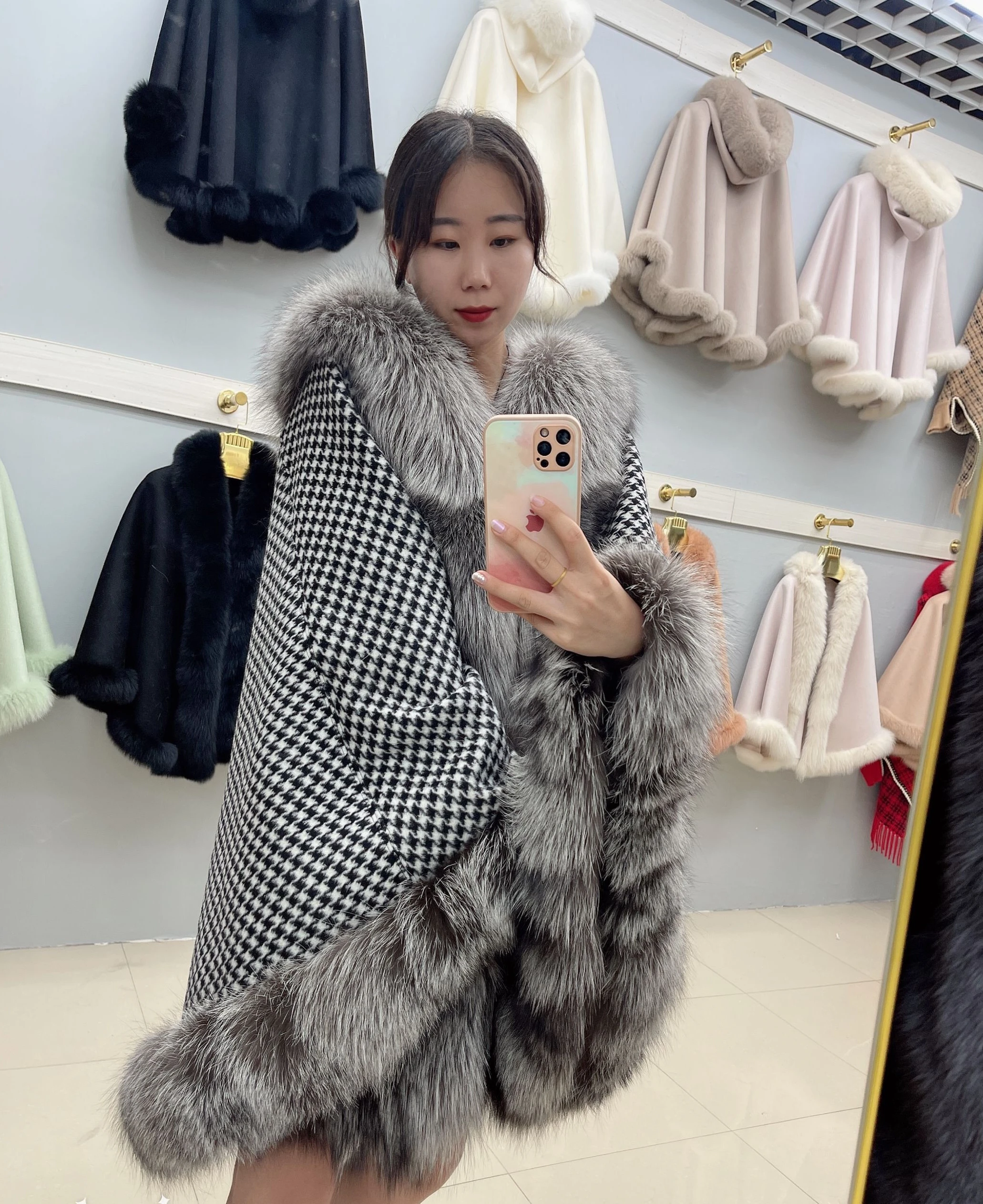 Autumn Winter Women 100% Wool Warm Cashmere Shawl Jacket With Real Silver Fox Fur Collar Hooded Thick Cloak Luxury Female Coat