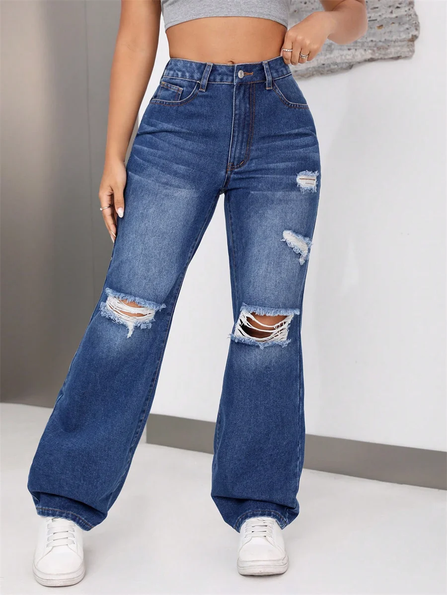 

Benuynffy American Vintage Washed Hole Pants High Waist Loose BF Style Ripped Jeans Women's Casual Streetwear Baggy Trousers