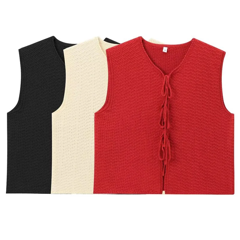 HXAO Vests for women butterfly Short sweaters Knit sleeveless vest crop crochet outerwears red black light yellow vest with ties