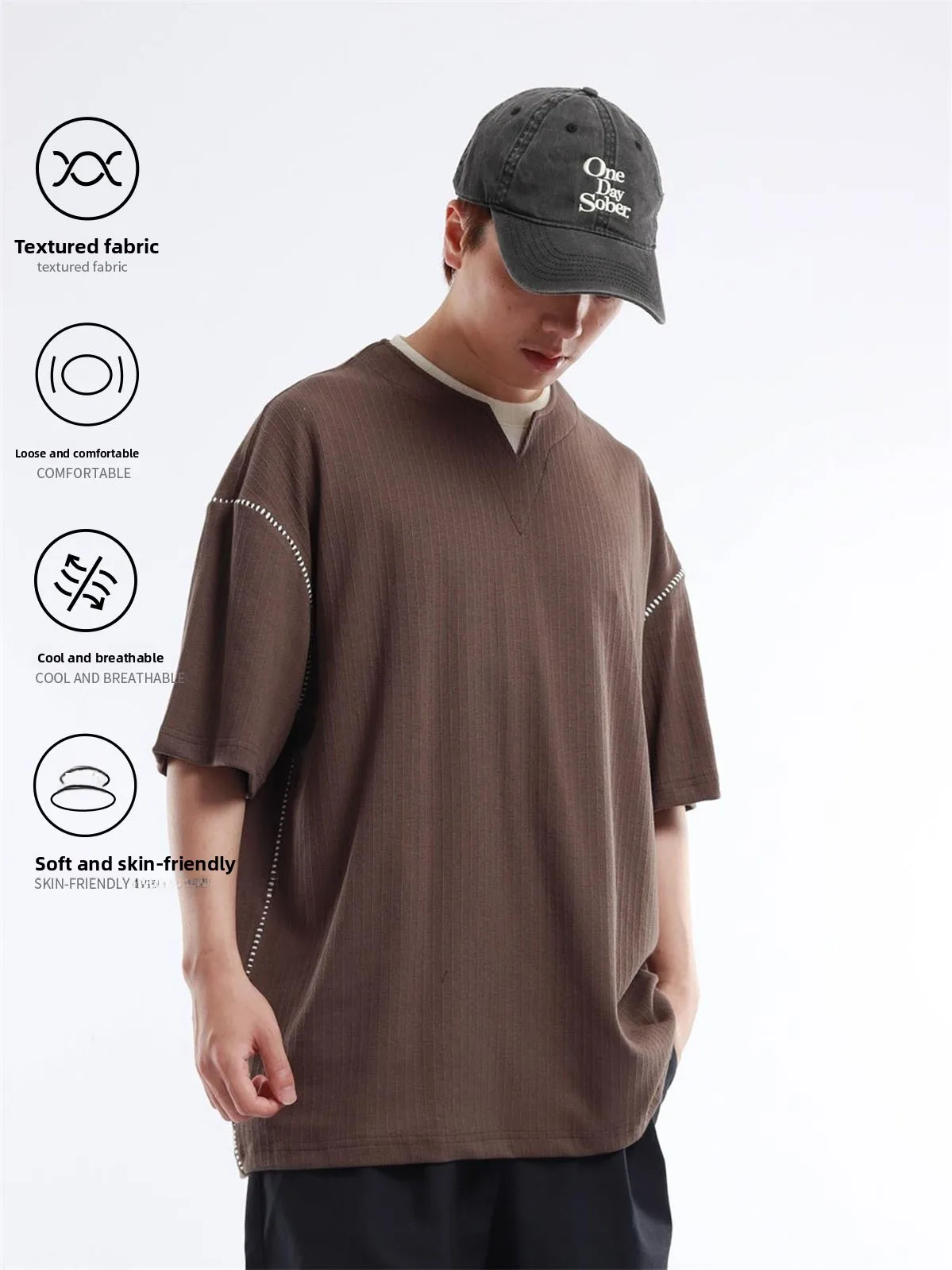 Summer Casual Loose Fit V-Neck Short Sleeve T-Shirt Fake Two-Piece Japanese Style Contrast Color Texture Men's Commute Top