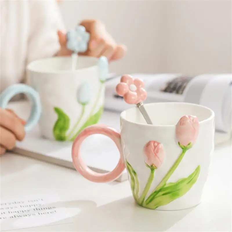 Ceramic Drink Cup Does Not Fade Porcelain Cup High Quality Durable Comfortable Grip Tulip Pattern Tulip Cup Smooth Mug Mellow