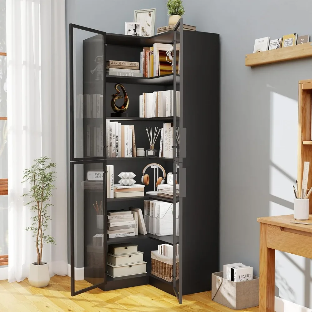 خزانة كتب زاوية كبيرة على شكل حرف L مع أبواب زجاجية، وخزانة عرض وإضاءة طويلة، وحل تخزين من 6 طبقات