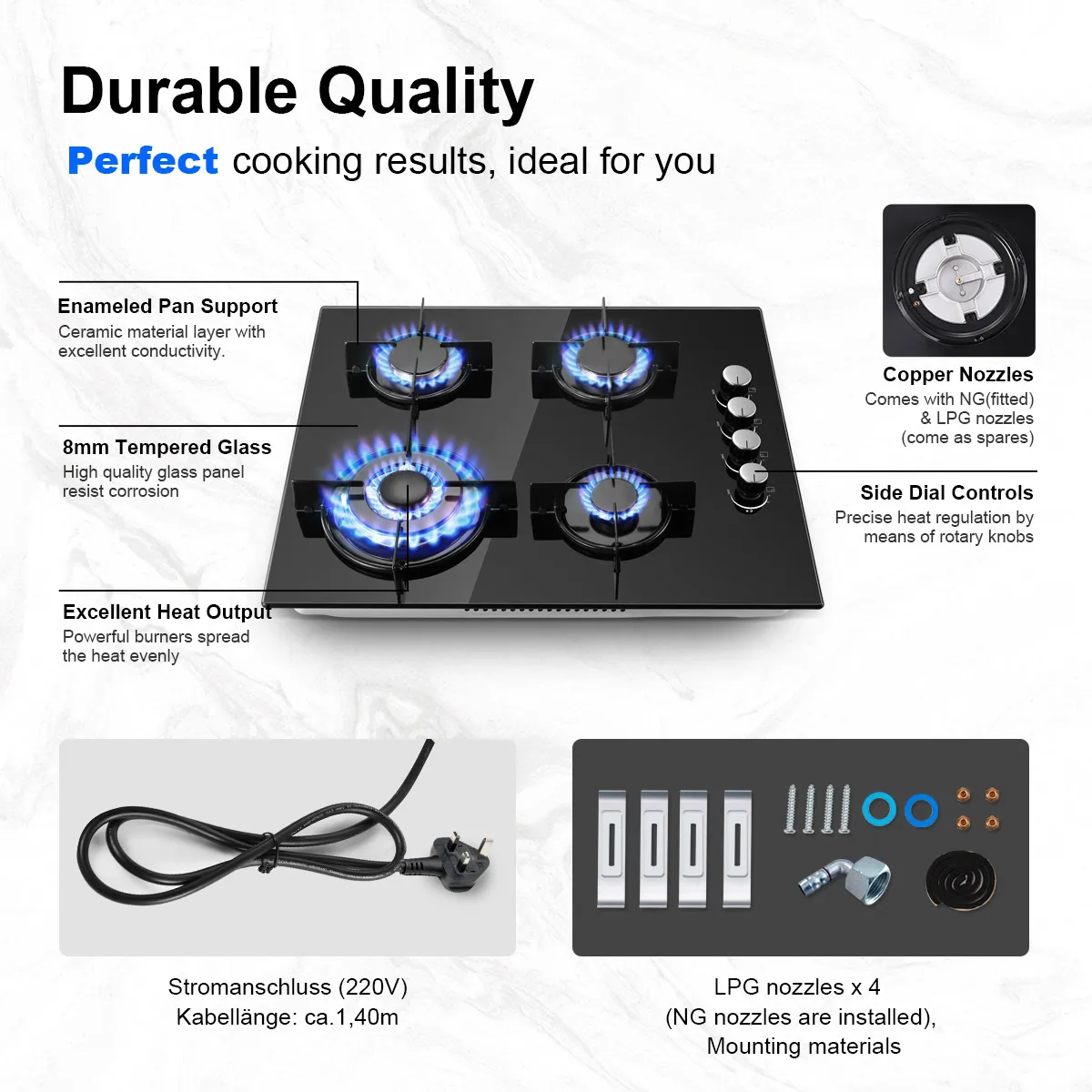 موقد غاز 60 سم 4 شعلات 8000 وات وقود مزدوج (غاز طبيعي/بروبان) حماية تلقائية من الزجاج المقسى مدمج/قائم بذاته 220-240 فولت #2