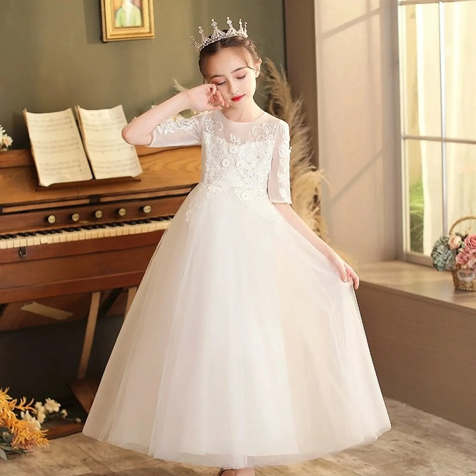 

5-14 Years Girl Dress Fashion Children Girl Evening Gown Half Sleeve Lace Kids Dresses for Girls Summer Girls Party Dresses 124