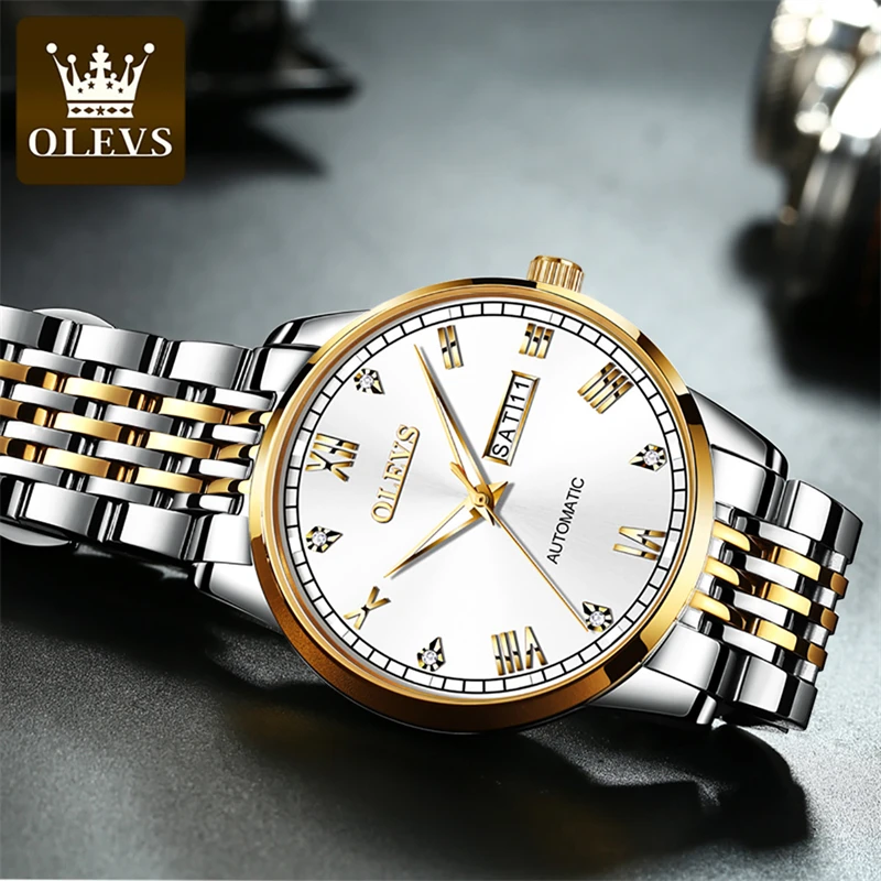 OLEVS-Relógio Mecânico de Luxo Masculino, Aço Inoxidável, Impermeável, Negócios, Top Brand