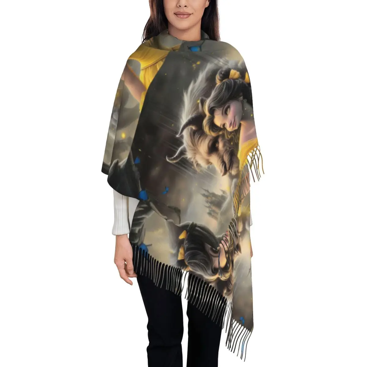 

Luxury Anime Beauty And The Beast Tassel Scarf Women Winter Warm Shawl Wrap Ladies Cartoon Kawaii Romantic Fantasy Film Scarves