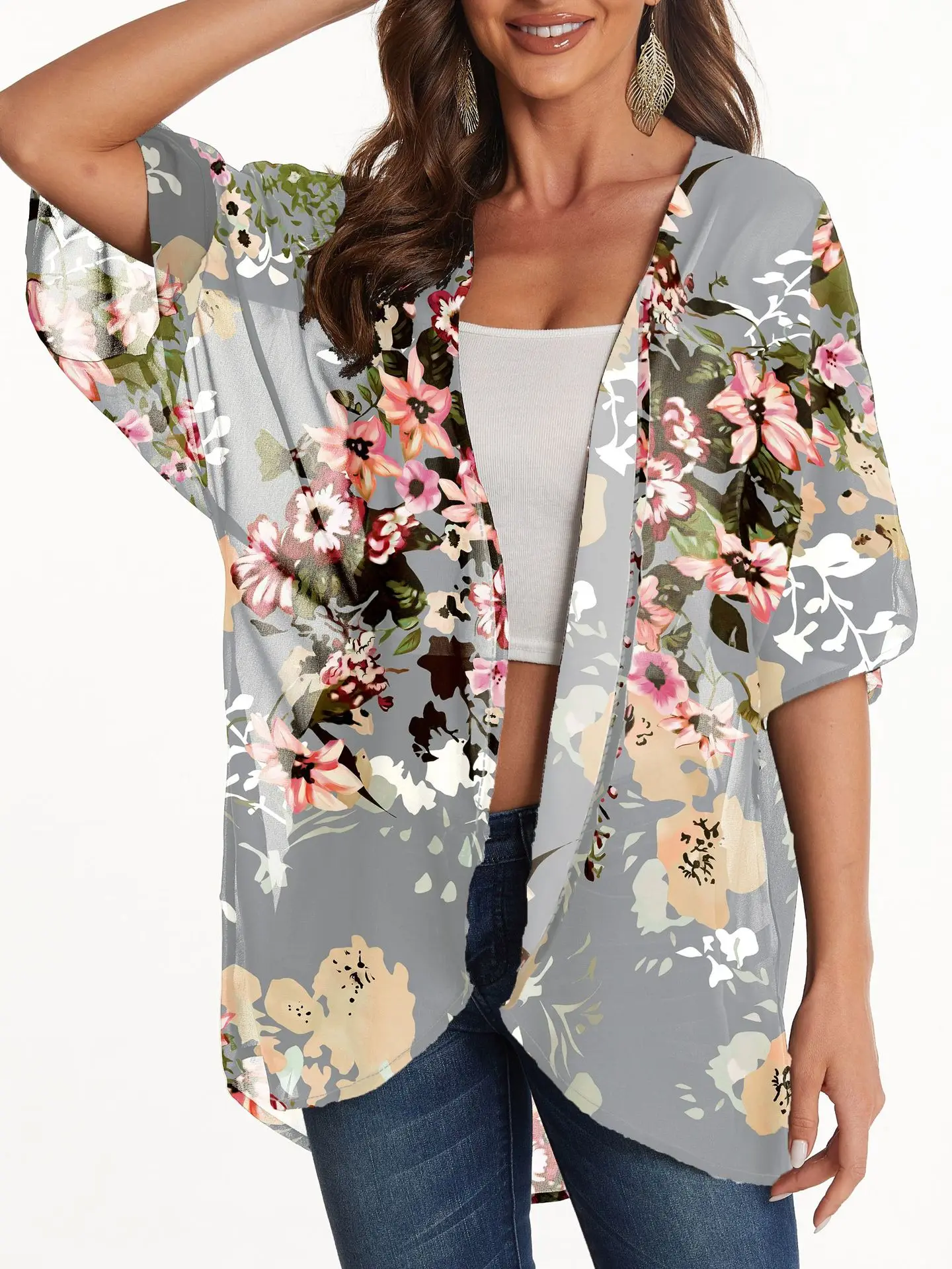 Women Chiffon Shirt 2025 Summer New Floral Print Loose Half Sleeve Shawl Cardigan Casual Boho Hawaii Bikini Cover Up