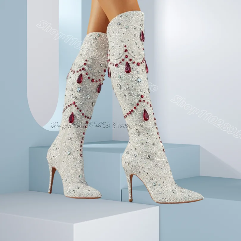 

Glitter Crystal Decor Knee Boots Pointed Toe New Stylish British Style Women Party Dance Knee Boots 2025 Zapatos Para Mujere