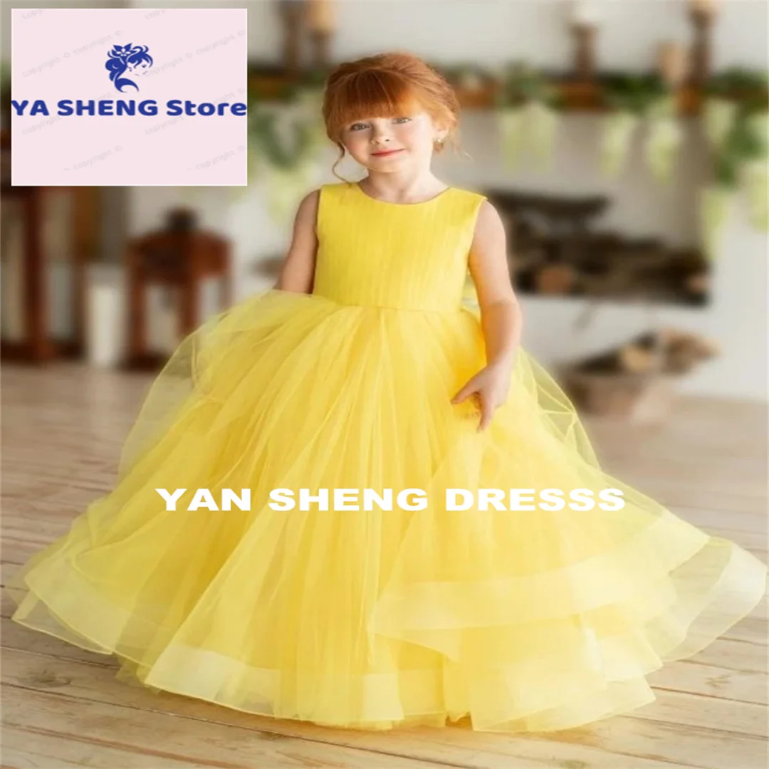 Customized Flower Girl Dresses Yellow Tulle Puffy Solid With Tailing Sleeveless For Wedding Birthday Party Banquet Princess Gown