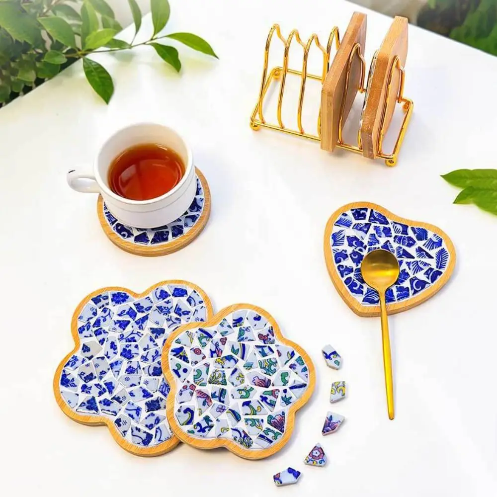 Chinese Style Blue White Porcelain Coaster Material Kit Bamboo Base Heat-resistant Blue White Porcelain Placemat Wear-resistant