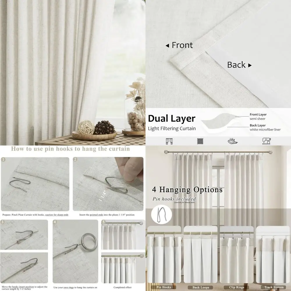 

Плиссированные шторы из смесового льна с подкладкой из микрофибры, фильтрация света 90, конфиденциальность, крючки для задних вкладок, 40x90 для гостиной/спальни