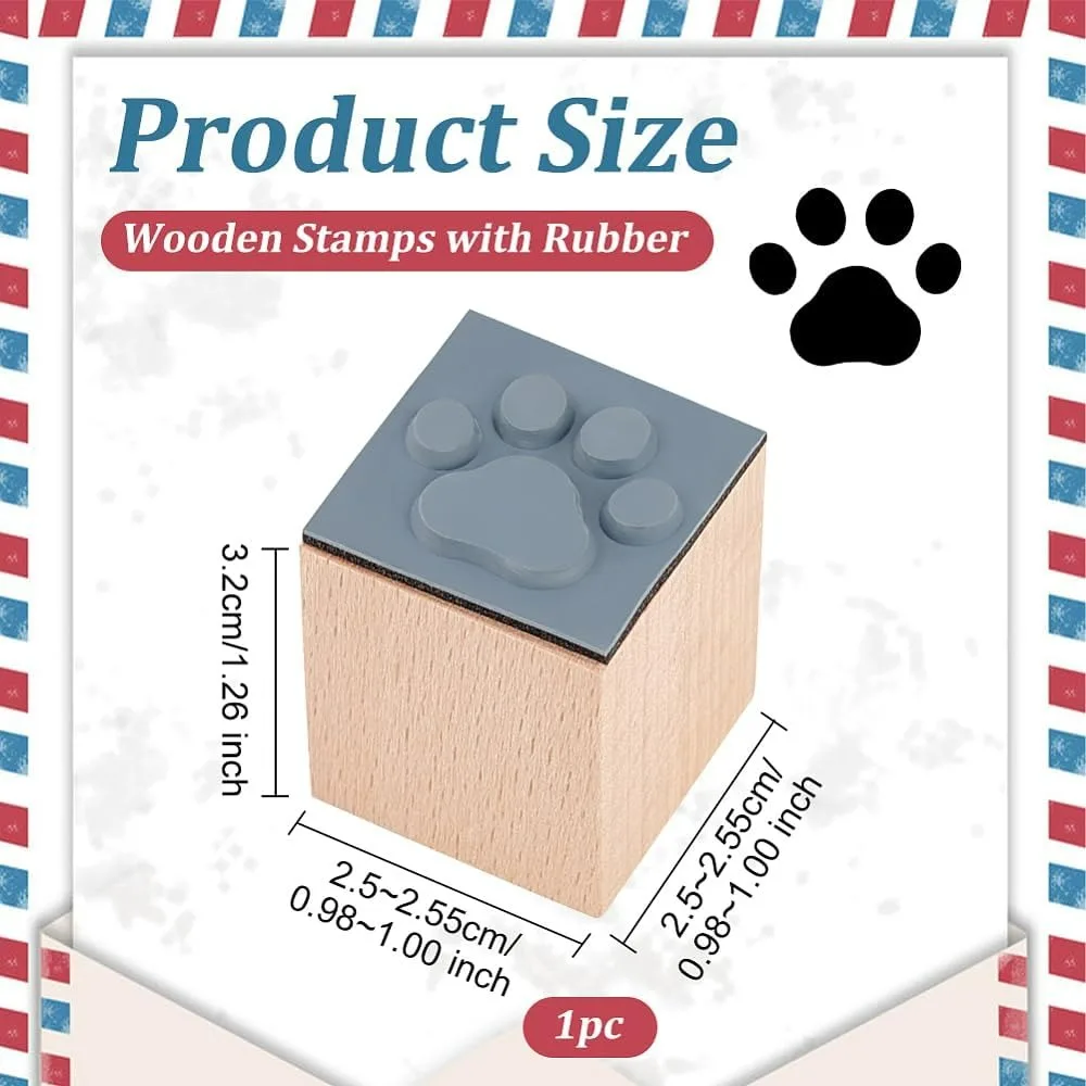 Paw Print Pattern Wooden Stamp 1x1x1.3 inch Square Small Mini Decorative Mounted for Scrapbooking Card Making