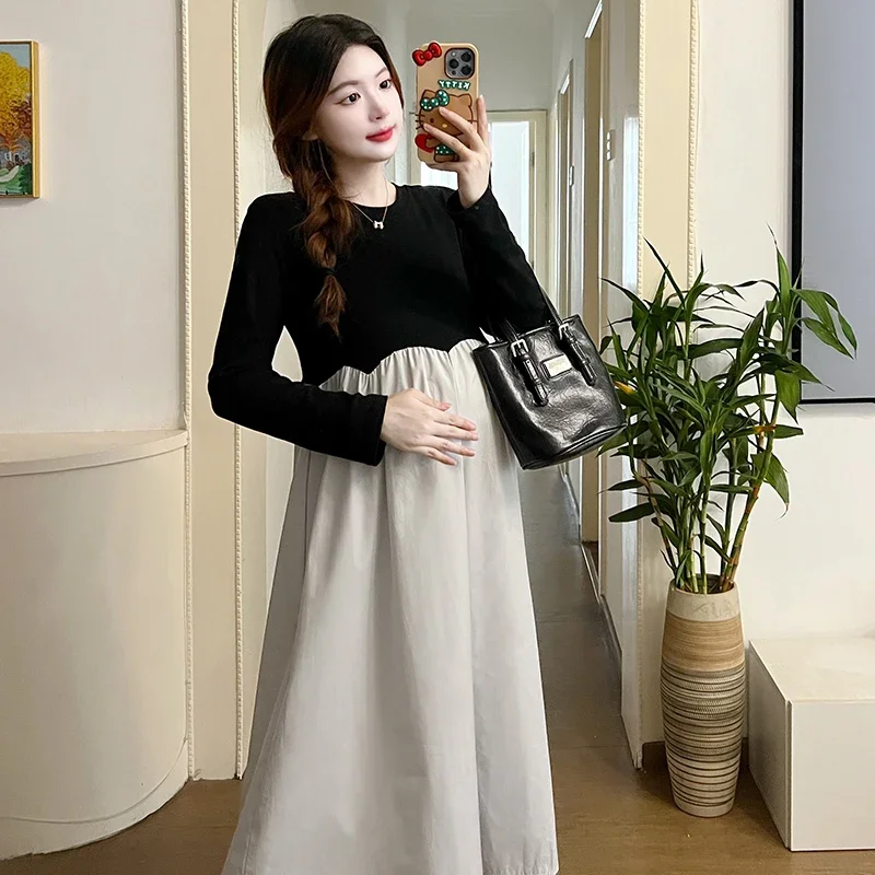 

2024 French Style Pregnant Women Elegant Dress Plus Size Long Sleeve O-Neck High Waist Maternity A-Line Dress Long Loose Clothes