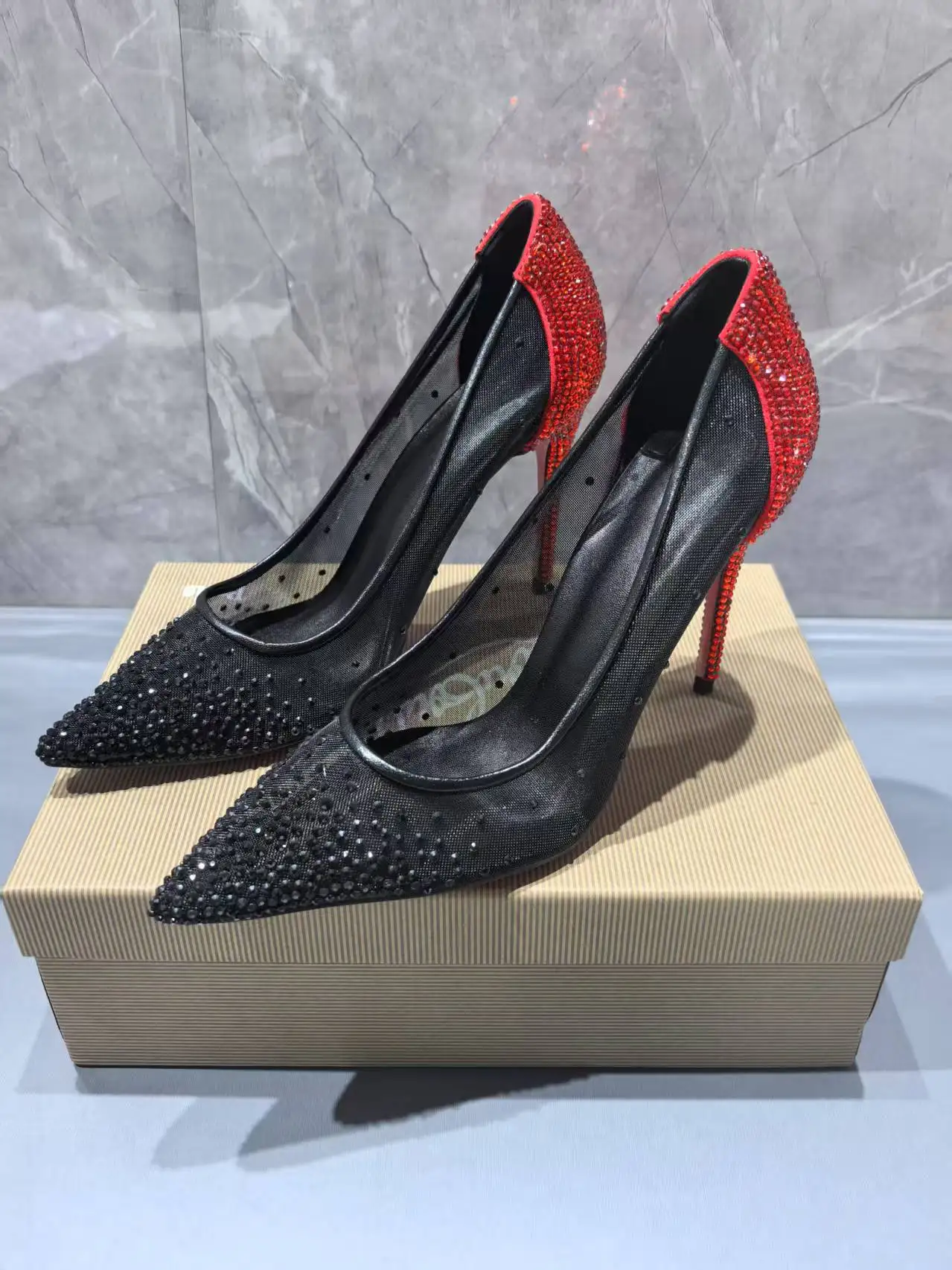 

Mesh Color Matching Rhinestone Sandals Pointed Toe High Heel Stiletto Pumps Slip-On Dinner Party Women Shoes Sandalias Mujer