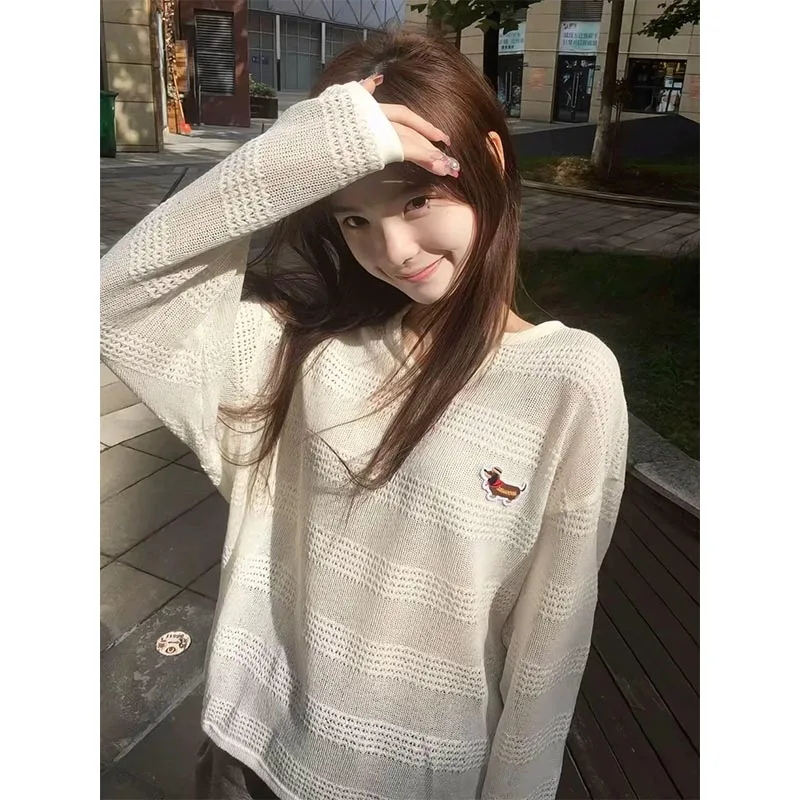 

Women's Clothing Fashion All-match Long Sleeve Knit T-shirt Autumn New Elegant Solid Loose Embroidery Top Tee Lady Chic Pullover