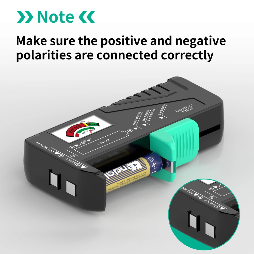 Penguji Baterai Universal MASTFUYI AA/AAA/C/D/9V/1.5V, Meter Penanda Warna Indikator Tegangan, Pemeriksa Daya