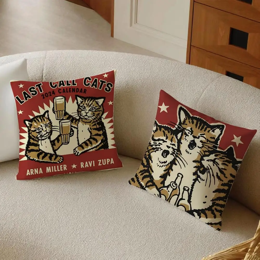 Cheers Drunk Cats Cushion Cover Daily Washable Linen Pillowcase Soft  for Sofa Bed Home Room Decor