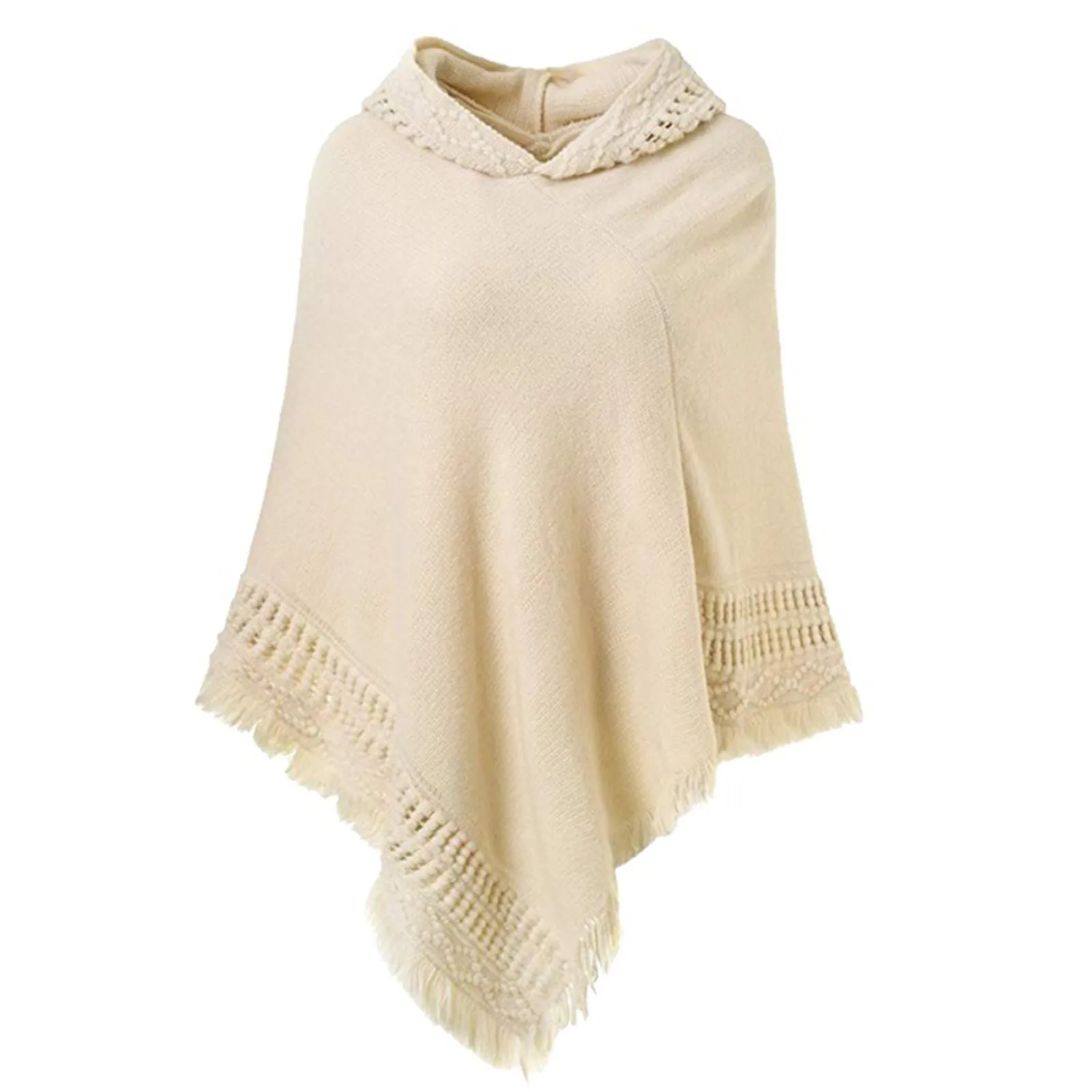 Solid Color Women Loose Casual Scarf Shawl Vintage Fashon Tassel Hem Hoodies Knitted Outwears Tops Fringe Irregular Poncho Cloak