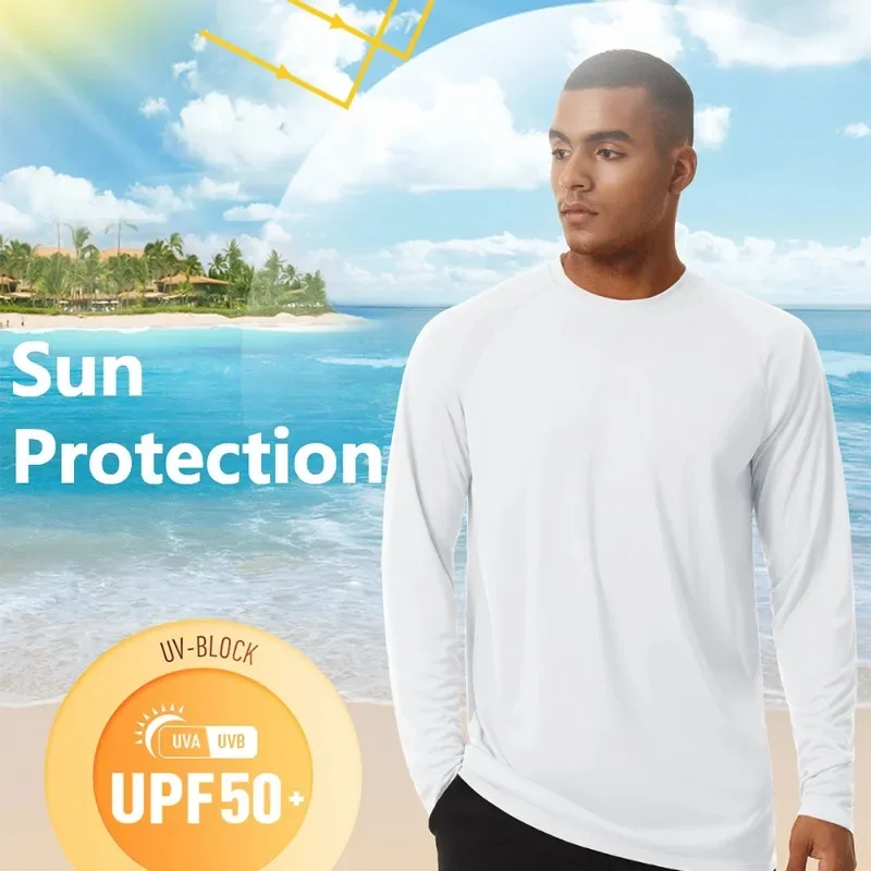 Men's UPF 50+ Long Sleeve T-shirt Solid Color Round Neck Quick-drying Breathable UV-proof T-shirt Outdoor Sunscreen Top