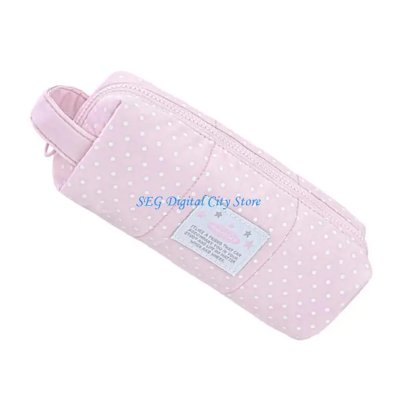 

U75B Dotted Print Pencil Bag High Capacity Cloth Pencil Case Multi Compartments Zippered Pen Storage Bag for Student Teen
