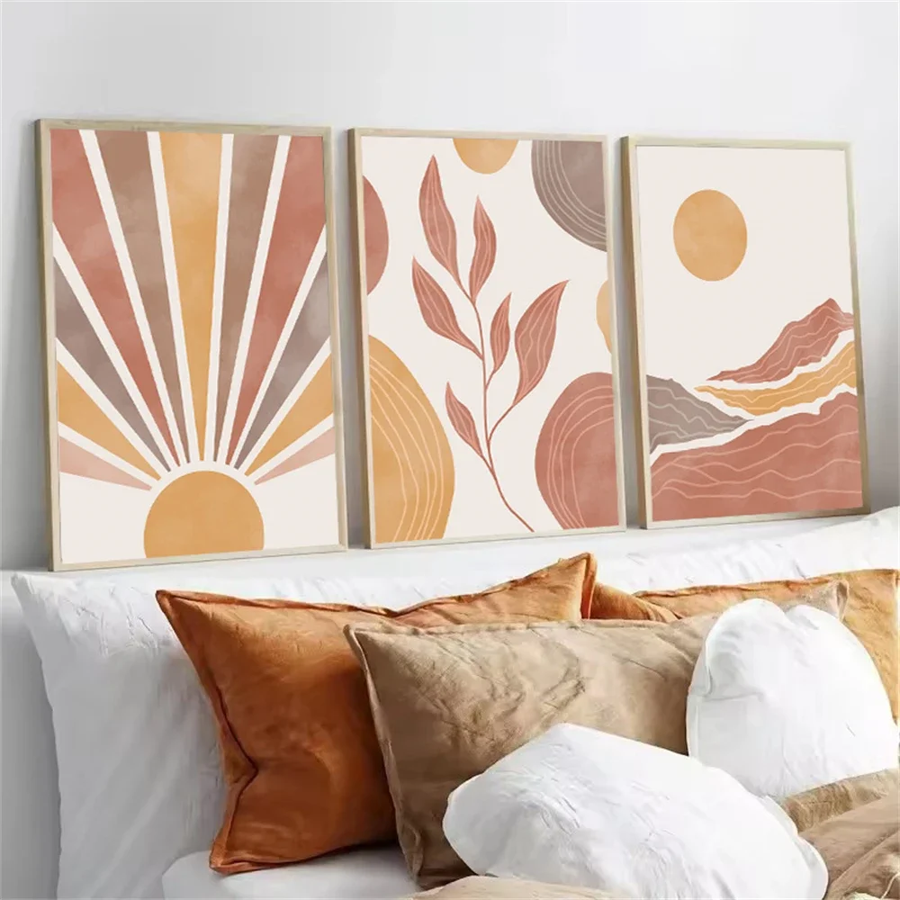 Mid Century Boho Minimalist Sun Leaves Abstract Wall Art Canvas Painting Nordic Posters And Prints Pictures Living Room Decor