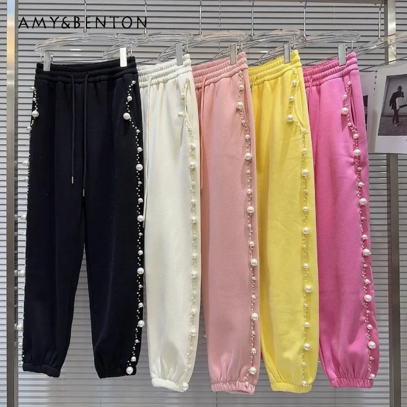 2024 Winter New Popular Design Black Trousers Heavy Industry Pearl Beaded Edge Inner Velvet Tied Feet Casual Pants Sweatpants