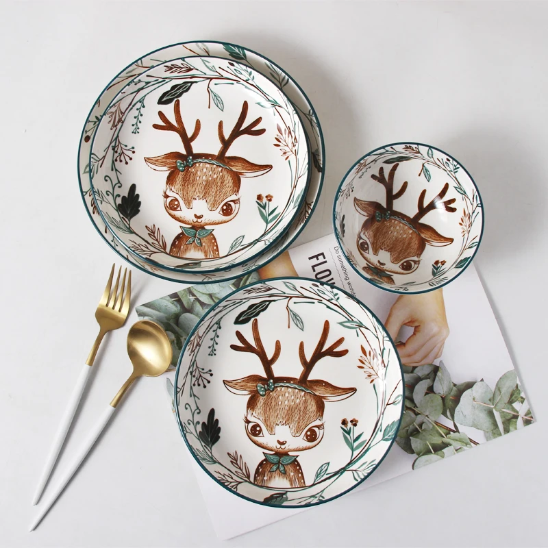 Nordic Ceramic Hand-Painted Glazed Color Plate Bowl Cartoon Deer Household Anti-Hot Baking Plate Forest Animal Tableware