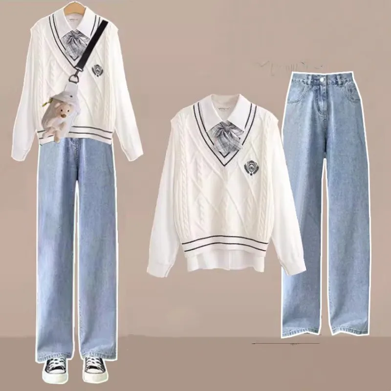 2024 Herbst/Winter Damen Set koreanische lose Weste weißes Hemd modische Jeans mit weitem Bein 3-teiliges Set trendy